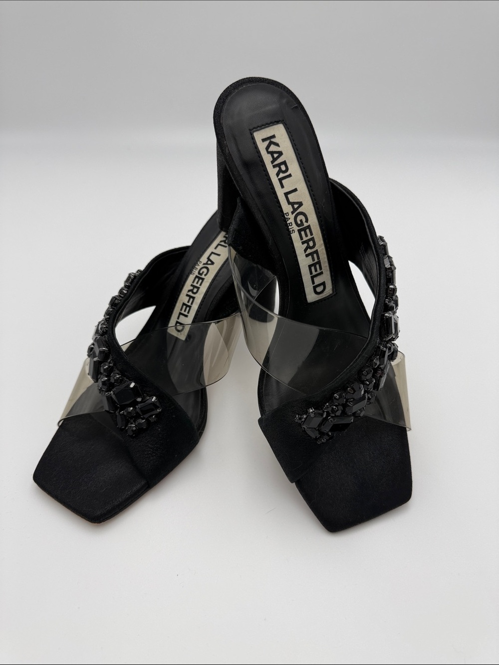 Karl Lagerfeld Black Jewel-Embellished Clear Band Mule